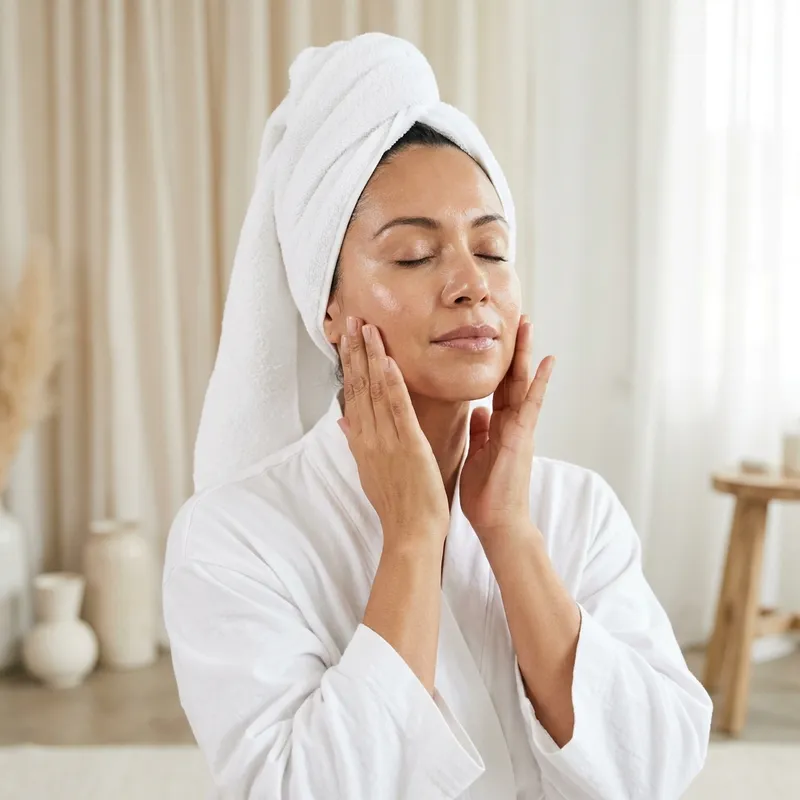 Mujer practicando yoga facial — automasaje de mejillas y mandíbula